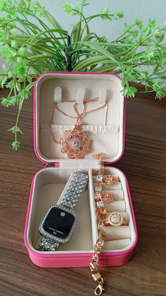 Luxe Rose-Gold Multicolor Pendant Jewellery & Crystal Watch Gift Set
